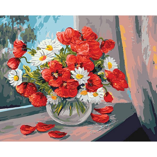 Poppies & Daisies in Glass Vase