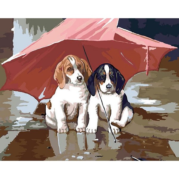 Dogs Sitting Under Umbrella
