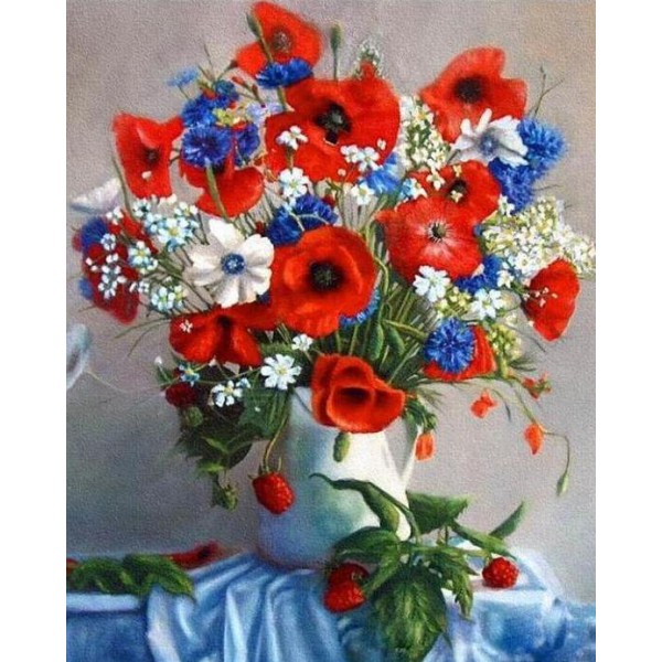 Red Poppies with Blue & White Daisies