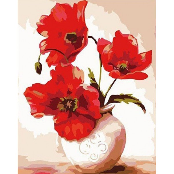 Red Poppies in White Vase
