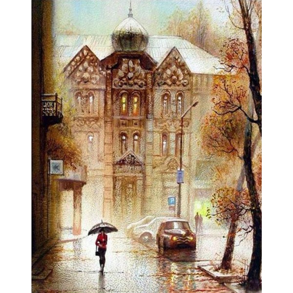 Girl with Umbrella on Rainy Street