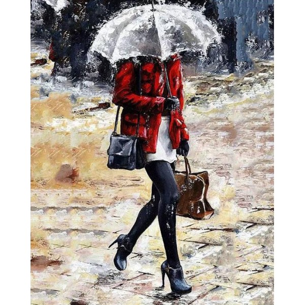 Girl in Rain with Bag in Hand