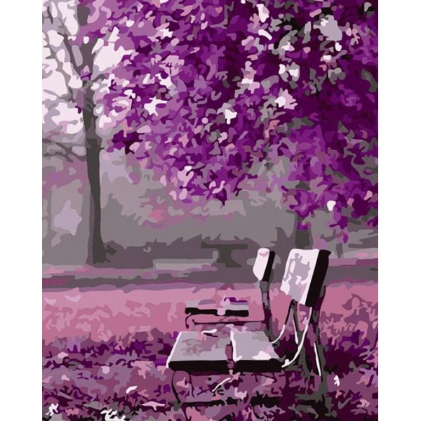 Purple Trees & Sitting Bench