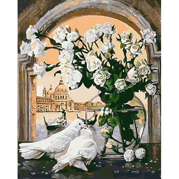 White Flowers & Pair of Pigeons