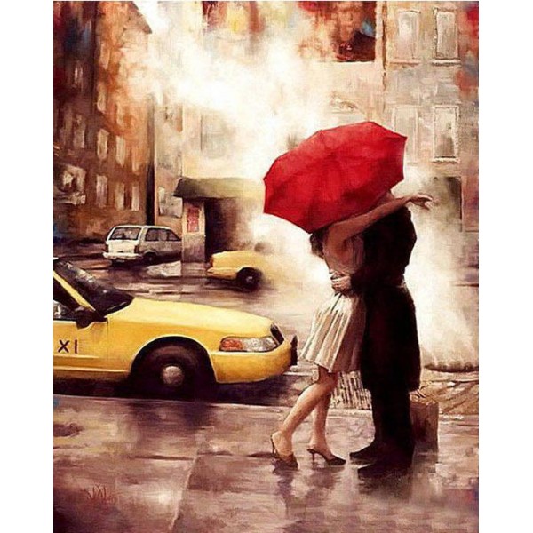 Couple under Red Umbrella On Road